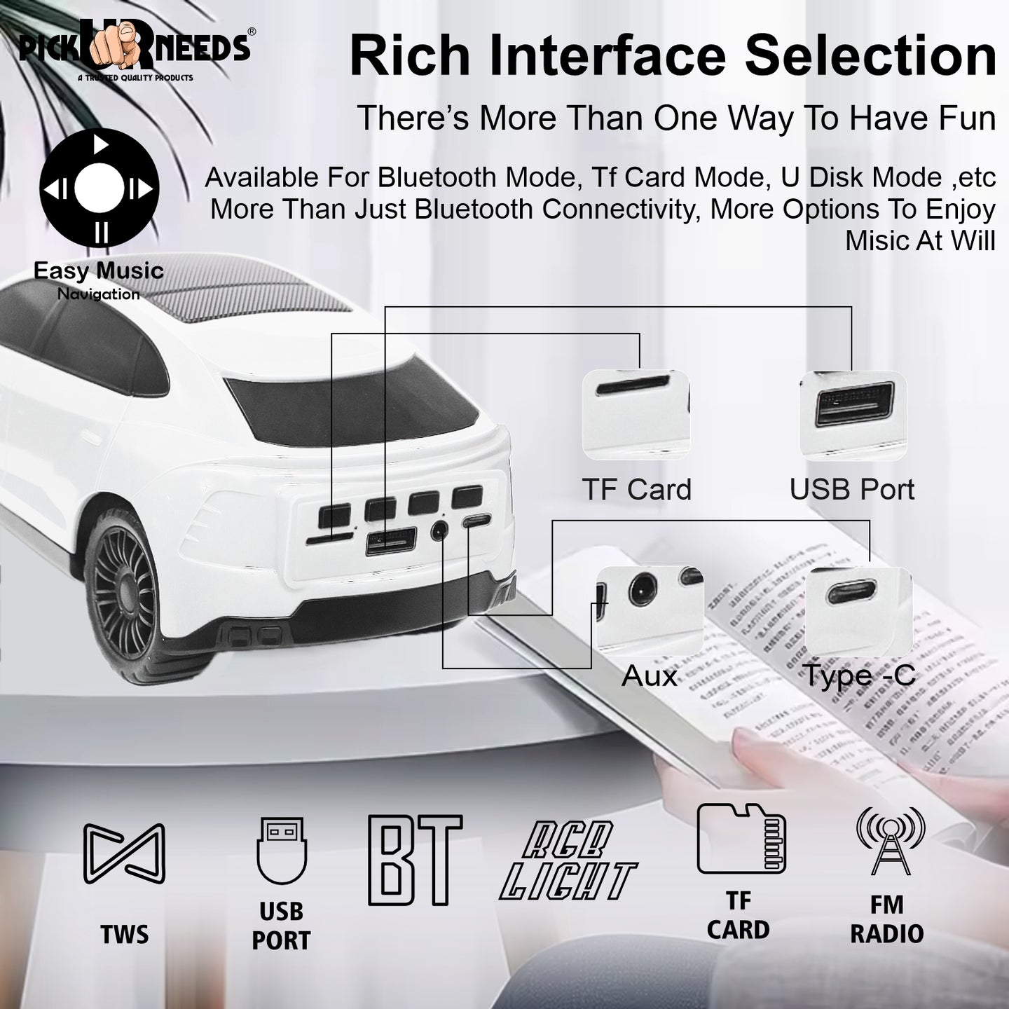 Pick Ur Needs Rechargeable Car-Shaped Speaker – RGB LED Light, USB/FM/SD Card, Type-C, 1200mAh